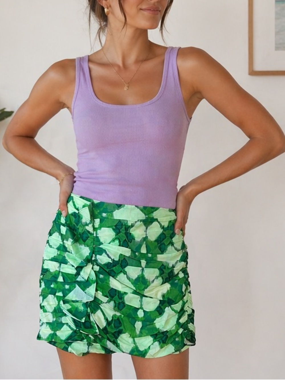 Zara Ruffled Ruched Sides Green/Ivory/Lavender Mini Skirt - Picture 8 of 11